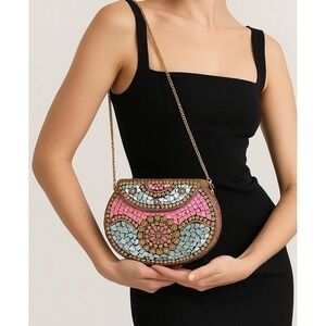 Ramla Beverly Hills Clutch Pink Pearl Mosaic Gold Crossbody‎ Bag Handmade NEW